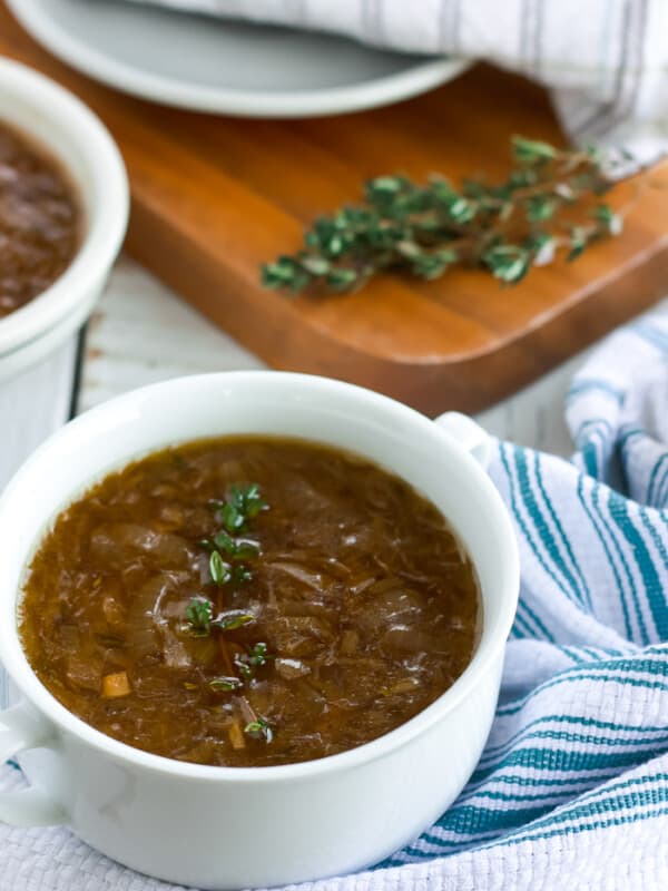 Two bowls of whole30 + paleo french onion soup with thyme