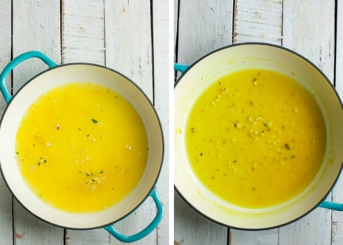 two photos showing how to make creamy lemon sauce in a skillet