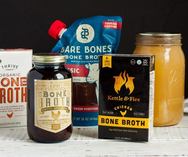 Five types of bone broth on a white board