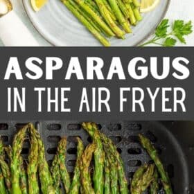 roasted air fryer asparagus on a grey plate with lemon wedges