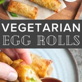 Air fryer egg rolls on a plate with dipping sauce