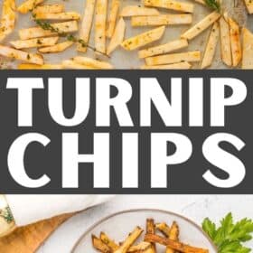 a grey plate of turnip fries topped with flaky sea salt and chopped parsley.