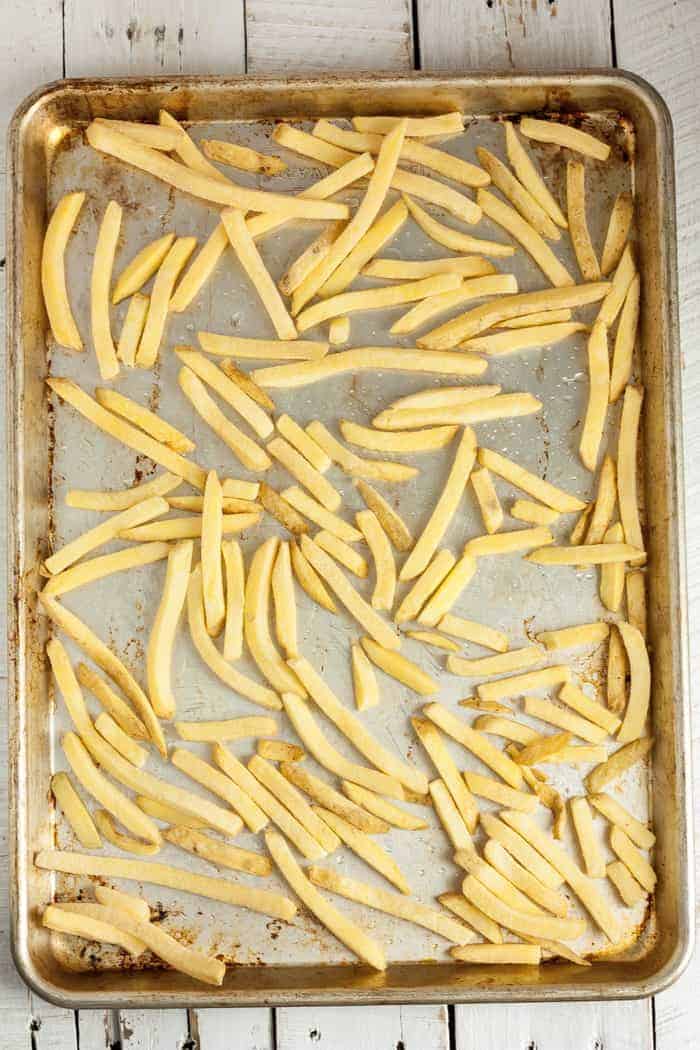 Fries on a baking sheet for making buffalo fries