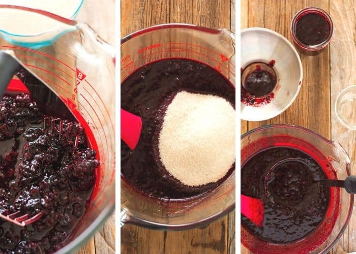 3 photos showing how to make blackberry freeze jam