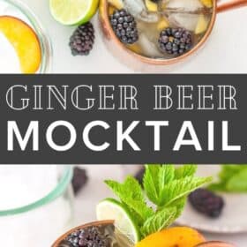 a ginger beer mocktail in a copper mug topped with blackberries and mint
