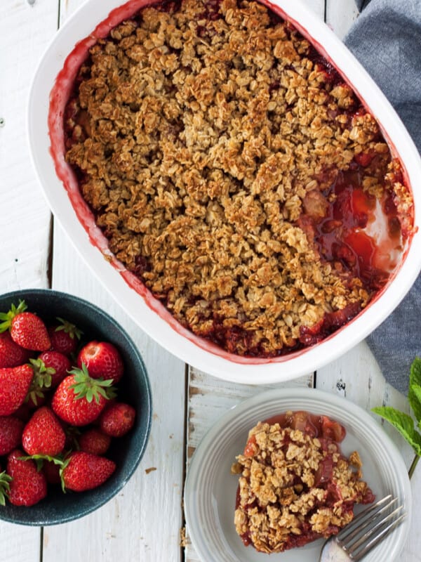 a overhead shot of a gluten free rhubarb strawberry crisp