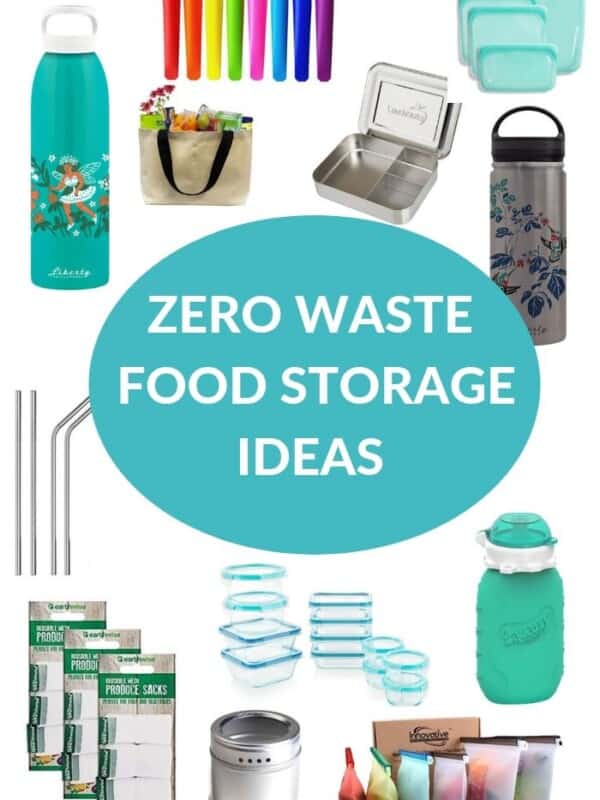 reusable containers, water bottles, and other zero waste food storage ideas in a collage