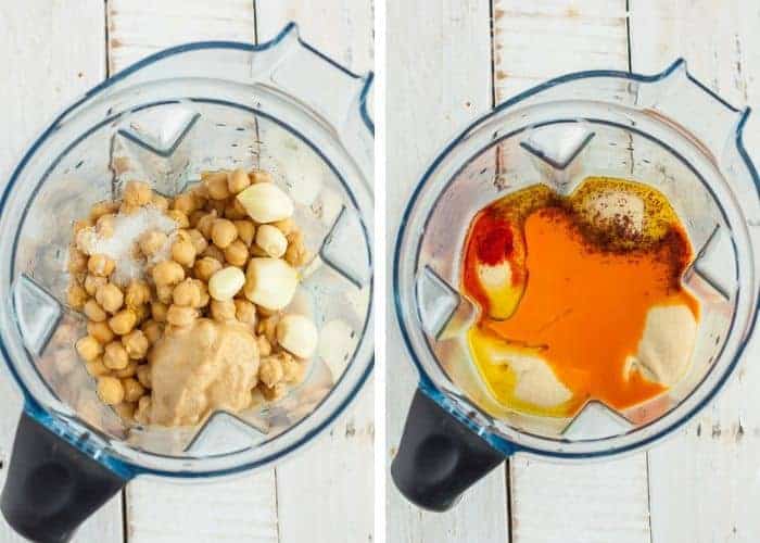 two photos showing ingredients for buffalo hummus in a blender