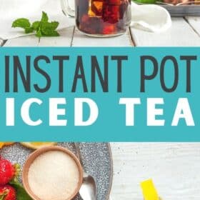 A glass of iced tea with ice and lemon in front of an Instant Pot