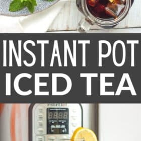 A glass of iced tea with ice and lemon in front of an Instant Pot