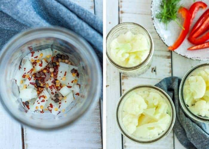 two photos showing the process of making pickled cauliflower