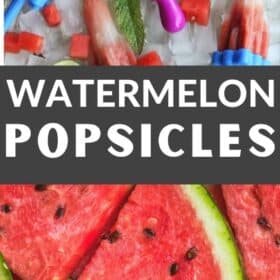 Homemade watermelon popsicles on a tray of ice with lime and mint