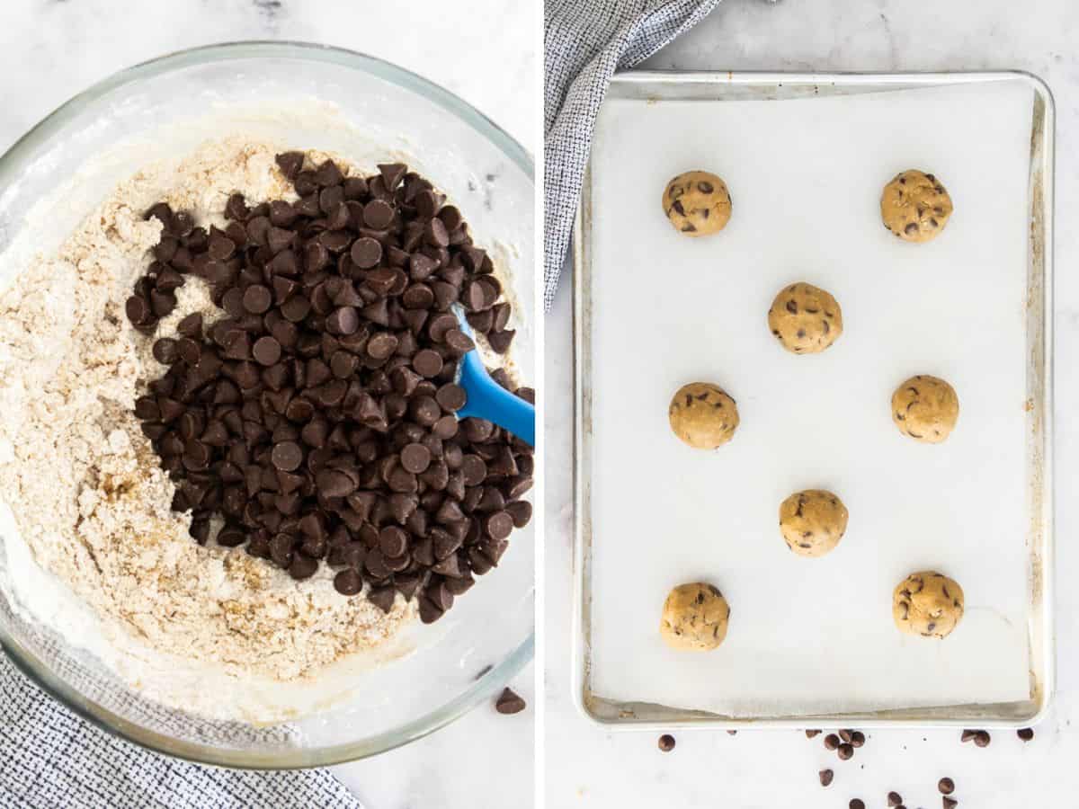 Two photos - one photo of a bowl of batter with chocolate chips, and unbaked cookie dough on a baking sheet.
