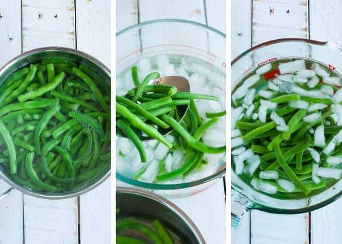 3 photos showing the process of blanched green beans.