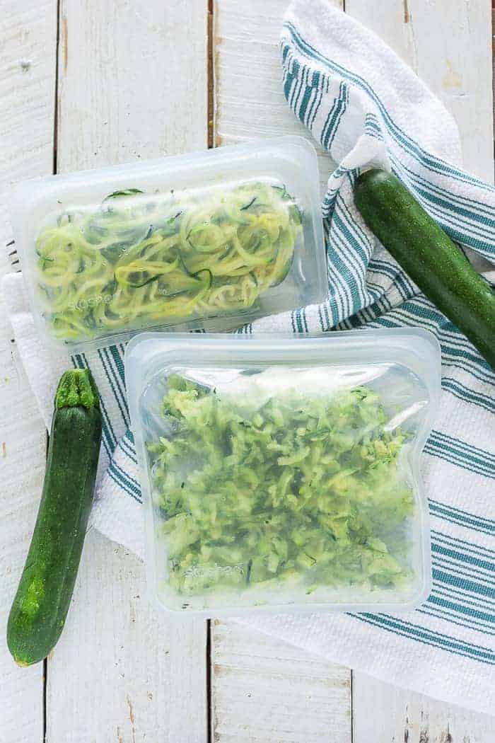 freezer bags with shredded zucchini and zoodles