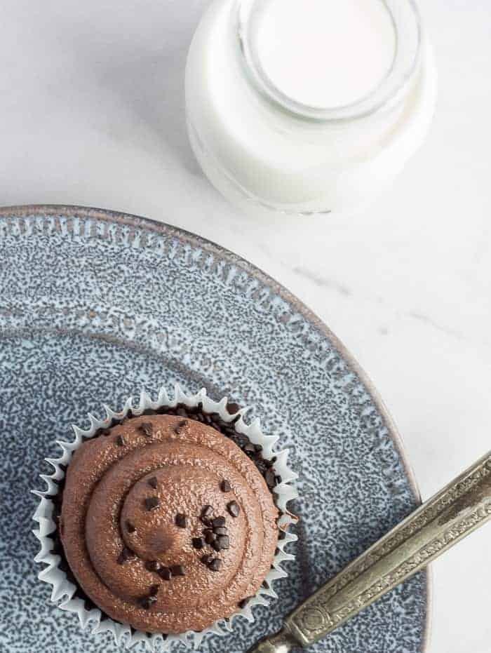 a chocolate cupcake on a grey plate with milk