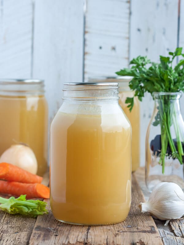 3 jars of turkey bone broth with veggies and herbs