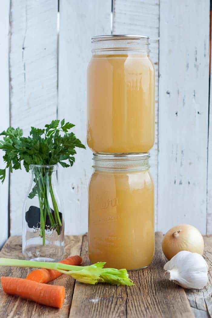 2 jars of turkey stock stacked on top of each other.