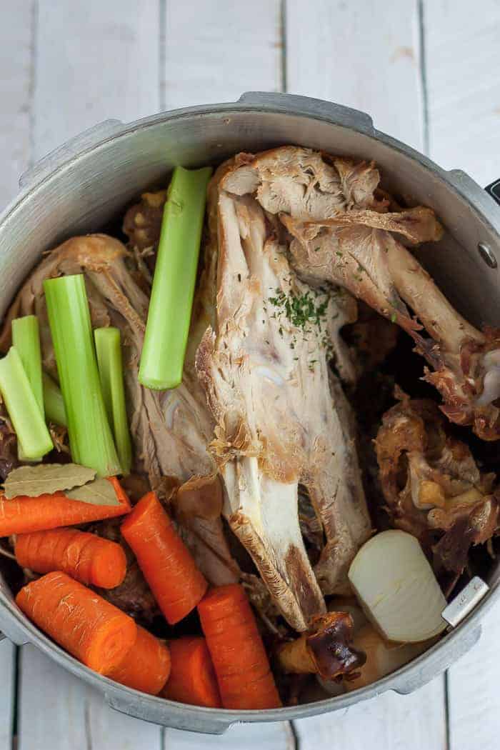 turkey and vegetables in a stockpot