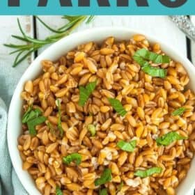 a bowl of farro topped with chopped parsley