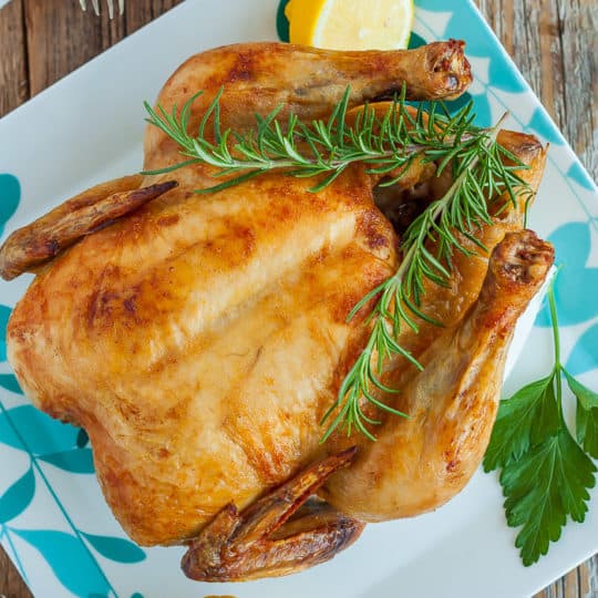 A whole chicken with rosemary and lemons on a blue and white plate