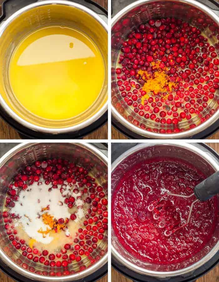 four steps showing how to make pressure cooker cranberry sauce