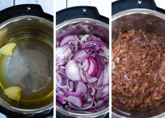 three recipes showing how to caramelize onions in a pressure cooker