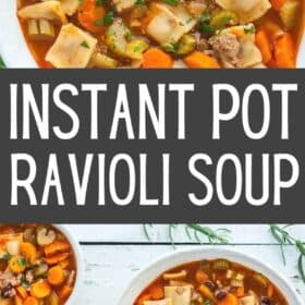 a white bowl of vegetable soup with ravioli