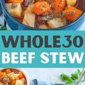 a blue bowl filled with Whole30 beef stew