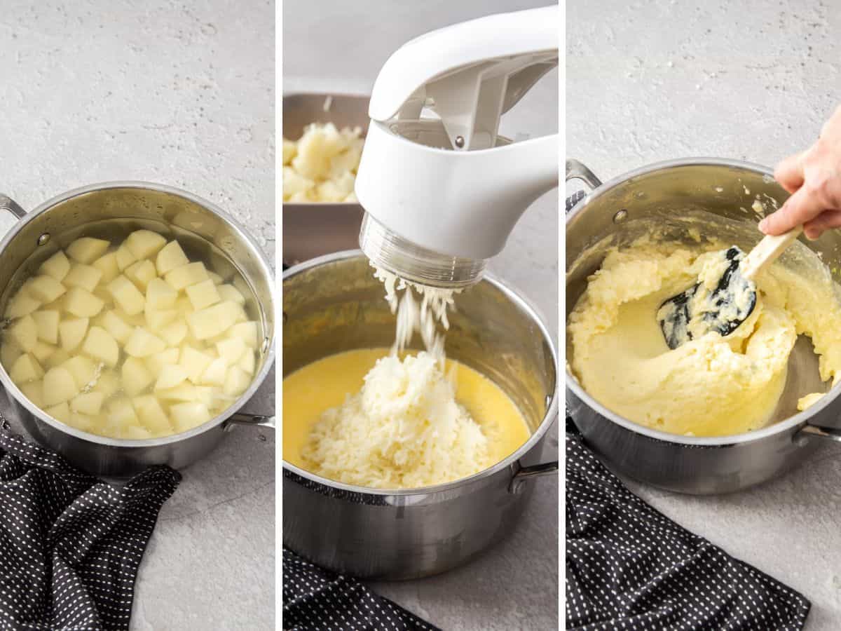 3 photos showing how to use a ricer to make mashed potatoes