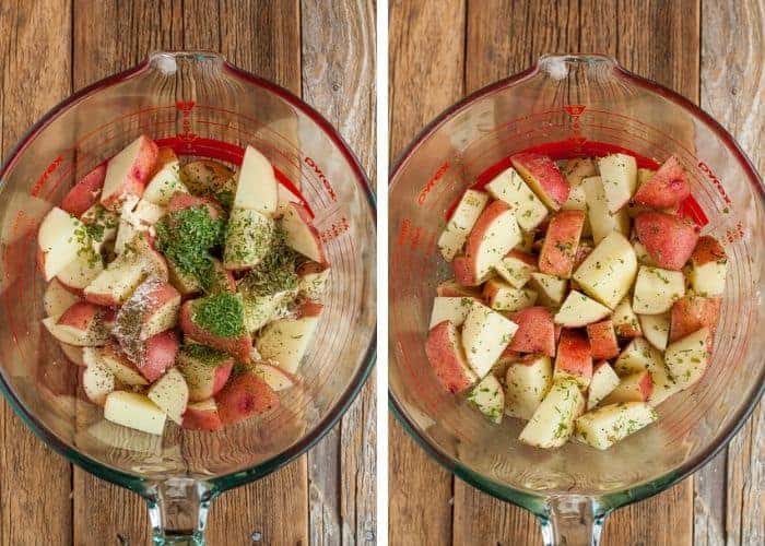 two photos of potatoes in a mixing bowl with spices