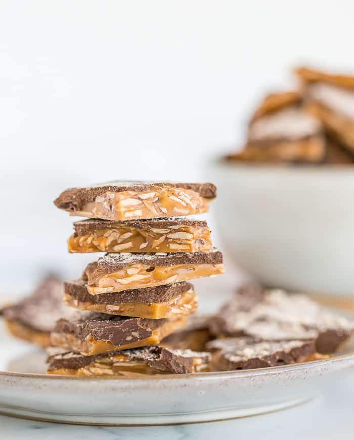 a stack of almond butter crunch on a plate