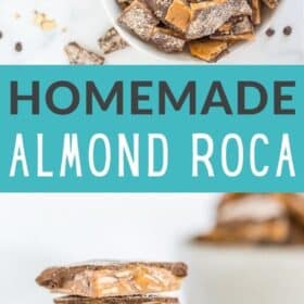 a bowl of homemade almond roca on a white board with almonds and chocolate chips