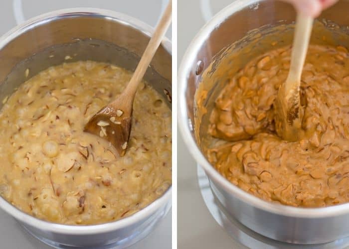 two photos showing the finished toffee for making almond roca