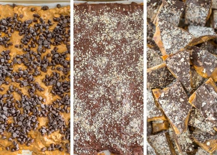 3 steps showing how to make almond buttercrunch