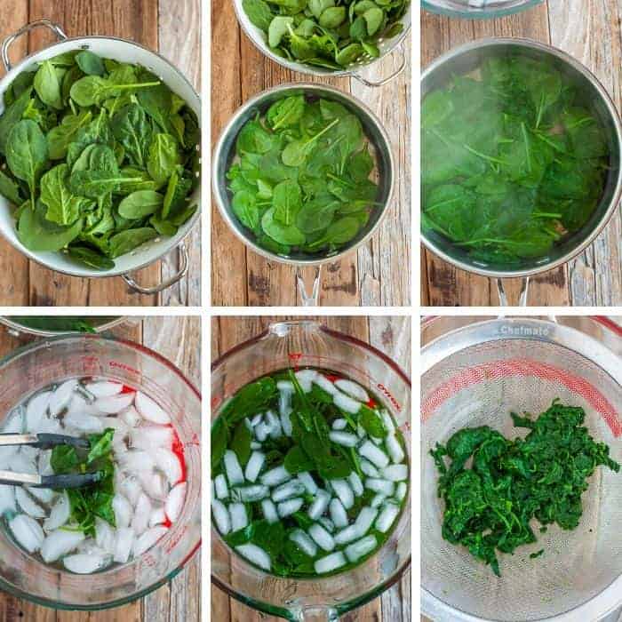 6 photos showing the steps to freezing fresh spinach