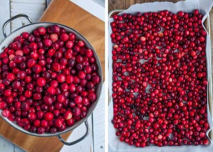2 photos showing the process of freezing cranberries