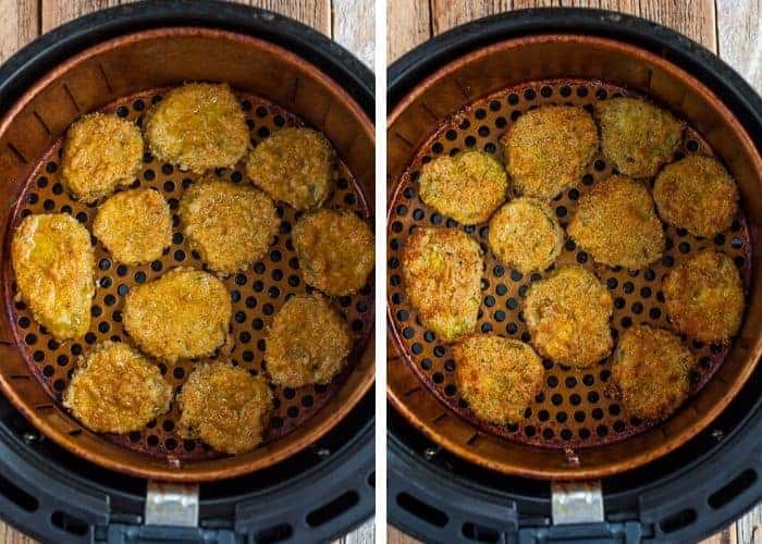 2 photos of pickles in an air fryer