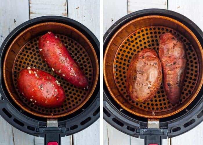 2 photos of sweet potatoes cooking in an air fryer