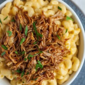 a bowl of bbq chicken mac and cheese