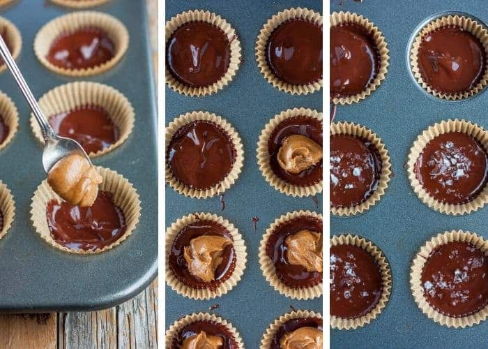 3 photos showing how to fill homemade almond butter cups