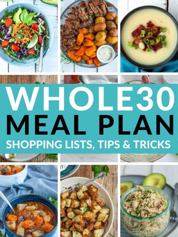 9 photos with a text overlay of Whole30 Meal Plan