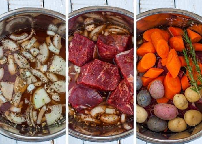 3 showing different stages of prepping pot roast for cooking.