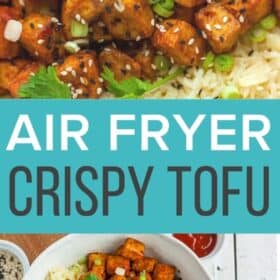 a dish of air fryer tofu and rice with black and white sesame seeds