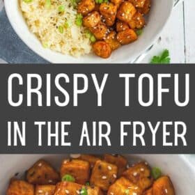 a dish of air fryer tofu and rice with black and white sesame seeds