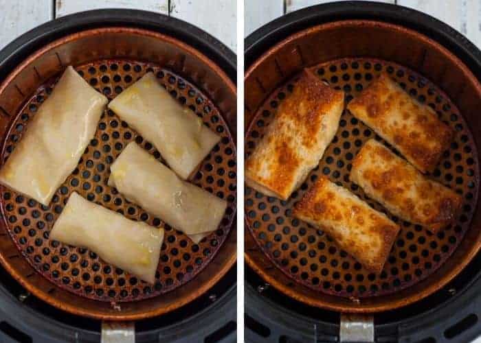 2 step by step photos showing how to make egg rolls in an air fryer