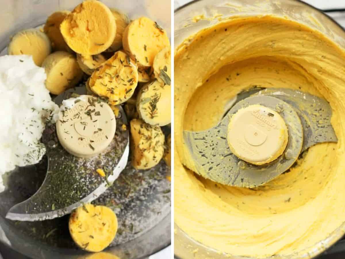 Two photos showing the process of blending egg yolks in a food processor.