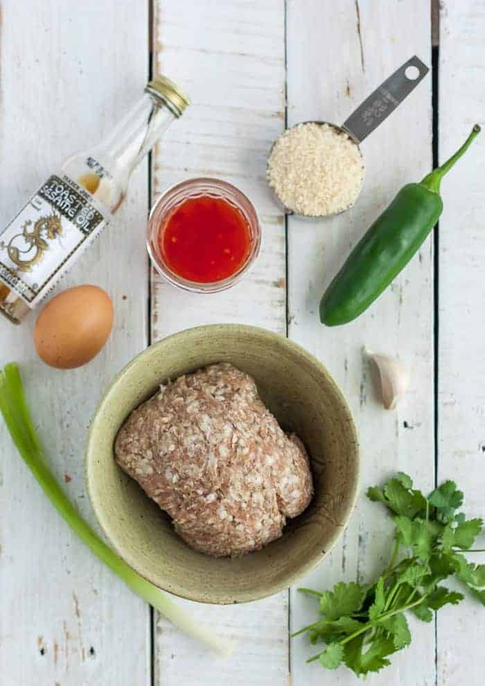 ground pork, sesame oil, cilantro, a jalapeno and other ingredients on a white board