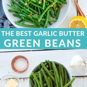 a white bowl of garlic butter green beans with a fork