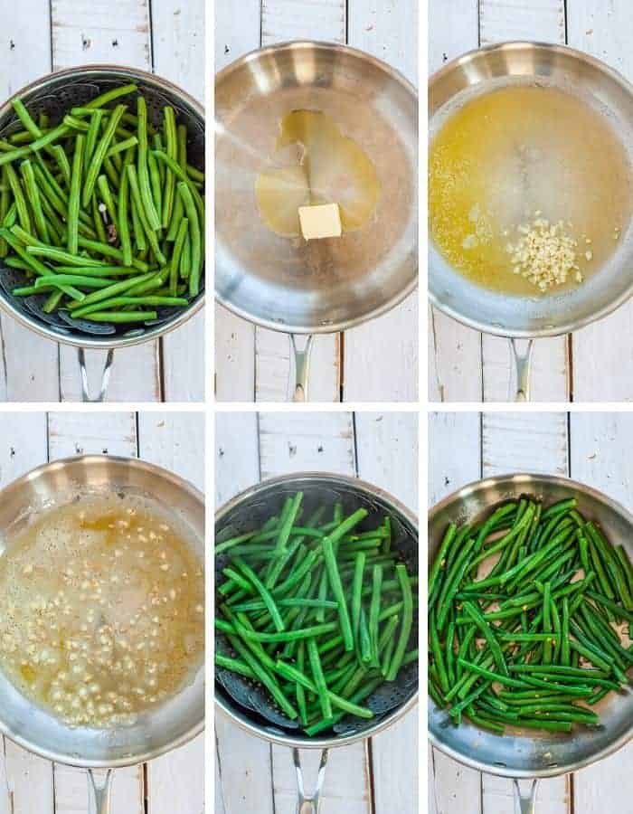 6 step by step photos showing how to make garlic butter green beans on the stove